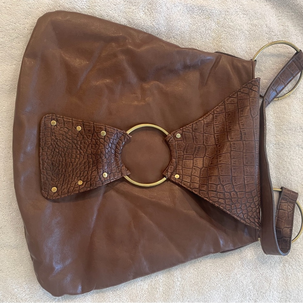 Brown Leather Shoulder Bag with Reptile Pattern and Gold Ring